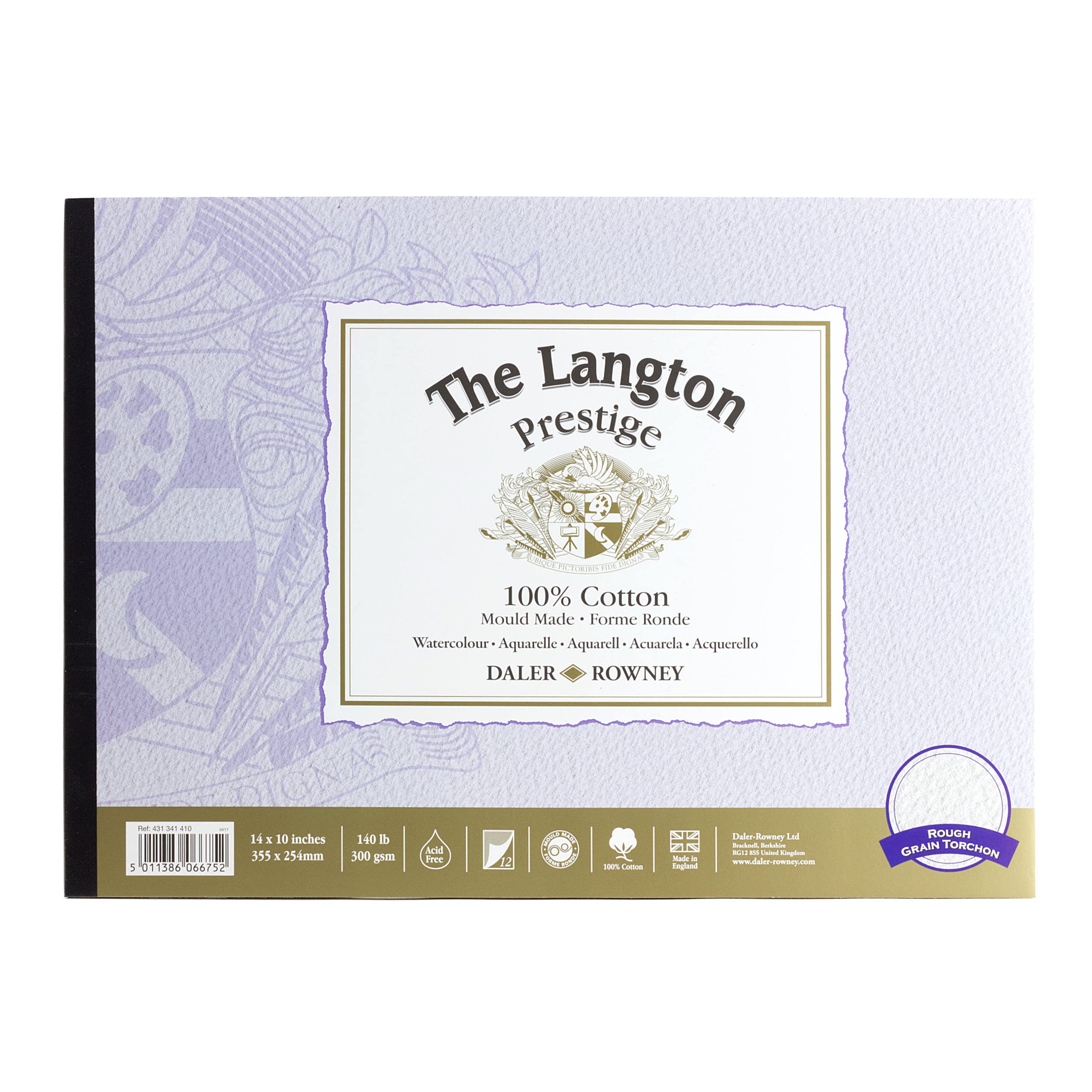 Daler-Rowney The Langton Prestige Rough 300gsm 14 x 10in Watercolour Paper Pad, Glued 1 Side, 12 Natural White Sheets, For Professional Artists & Students