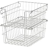 TRINITY Set of 2 11" Stackable Metal Wire Storage Baskets w Handles | EcoStorage Chrome, Industrial-Style Baskets For Shelves, Closet, Pantry Organization