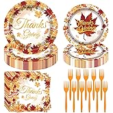 Fall Party Supplies 96 Pcs - Thanksgiving Paper Plates, Napkins, Forks - Pumpkin Autumn Maple Leaf Disposable Tableware Set for Harvest Party Decorations