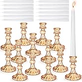 Suclain 24 Pcs Glass Taper Candle Holder Sets 12 Candlestick Holder with 12 White Long Candles for Wedding Party Decor Dinner Decoration(Amber)