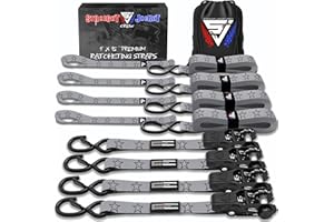Ratchet Tie Down Straps (4 Pack) - 1,823lb Max Break Strength incl. (4) Heavy Duty 1" x 15' Rachet Tie Downs with Hooks & Handles Best for Moving Securing Cargo by Straight Jacket Crew (Grey Stars)