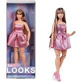 Barbie Looks Doll, Collectible No. 24 with Brown Hair &amp; Modern Y2K Fashion, Shimmery Pink Strapless Dress with Peep-Toe Heels