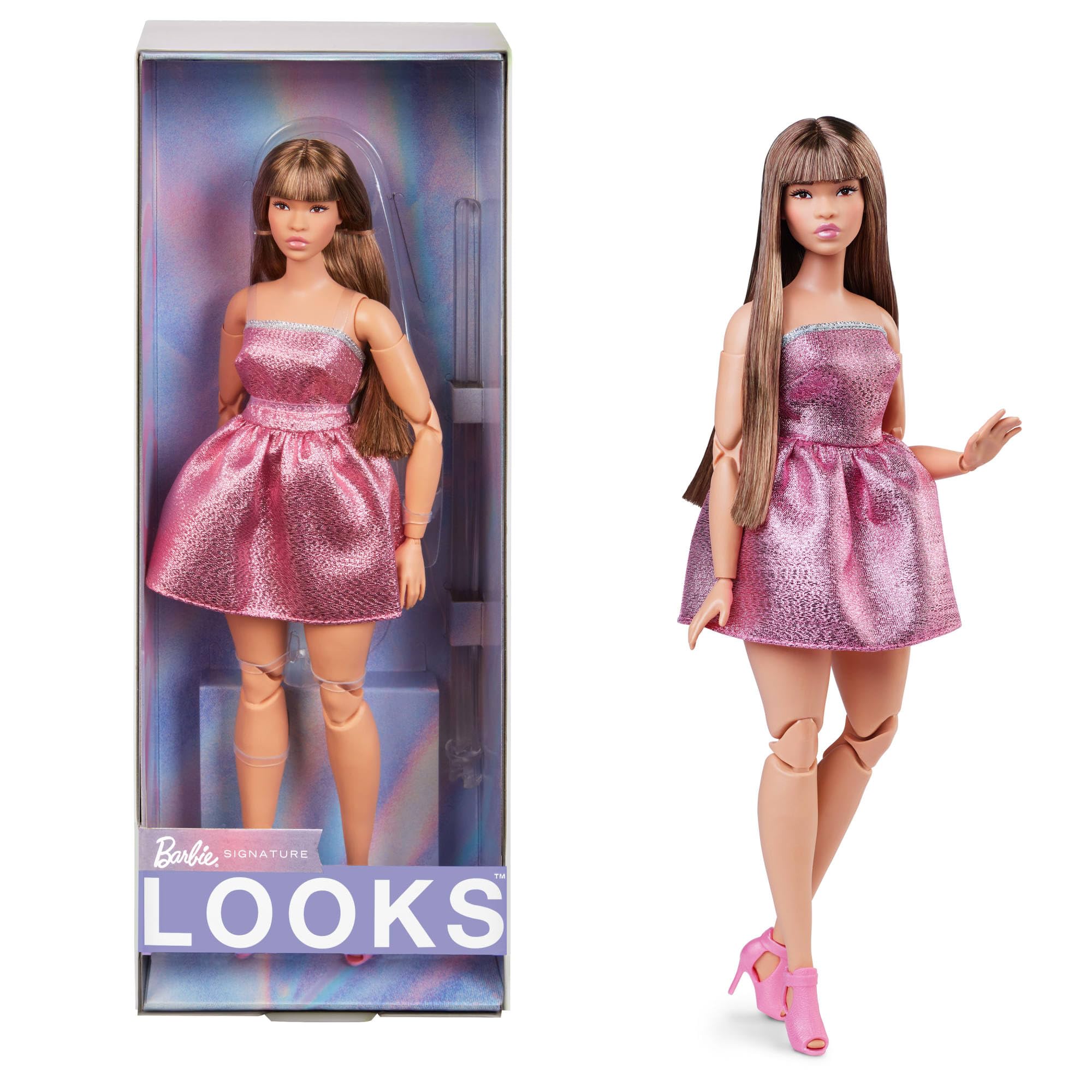 Barbie Looks Doll, Collectible No. 24 with Brown Hair and Modern Y2K Fashion, Shimmery Pink Strapless Dress with Peep-Toe Heels, HRM16