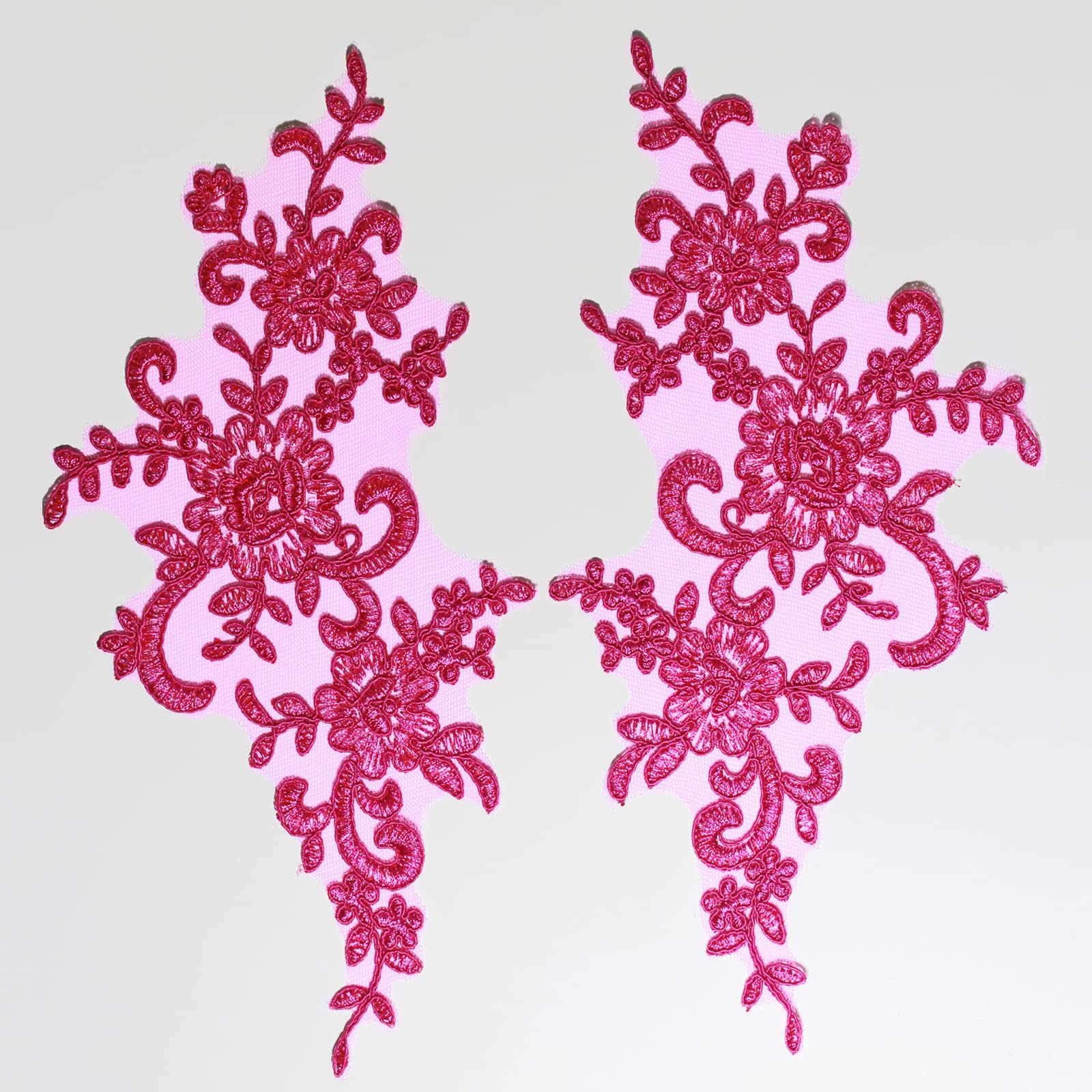4 X Corded Embroidery Floral Lace Applique Wedding Motif Sew On Size: 25 cm x 12 cm :#39A (Cerise)