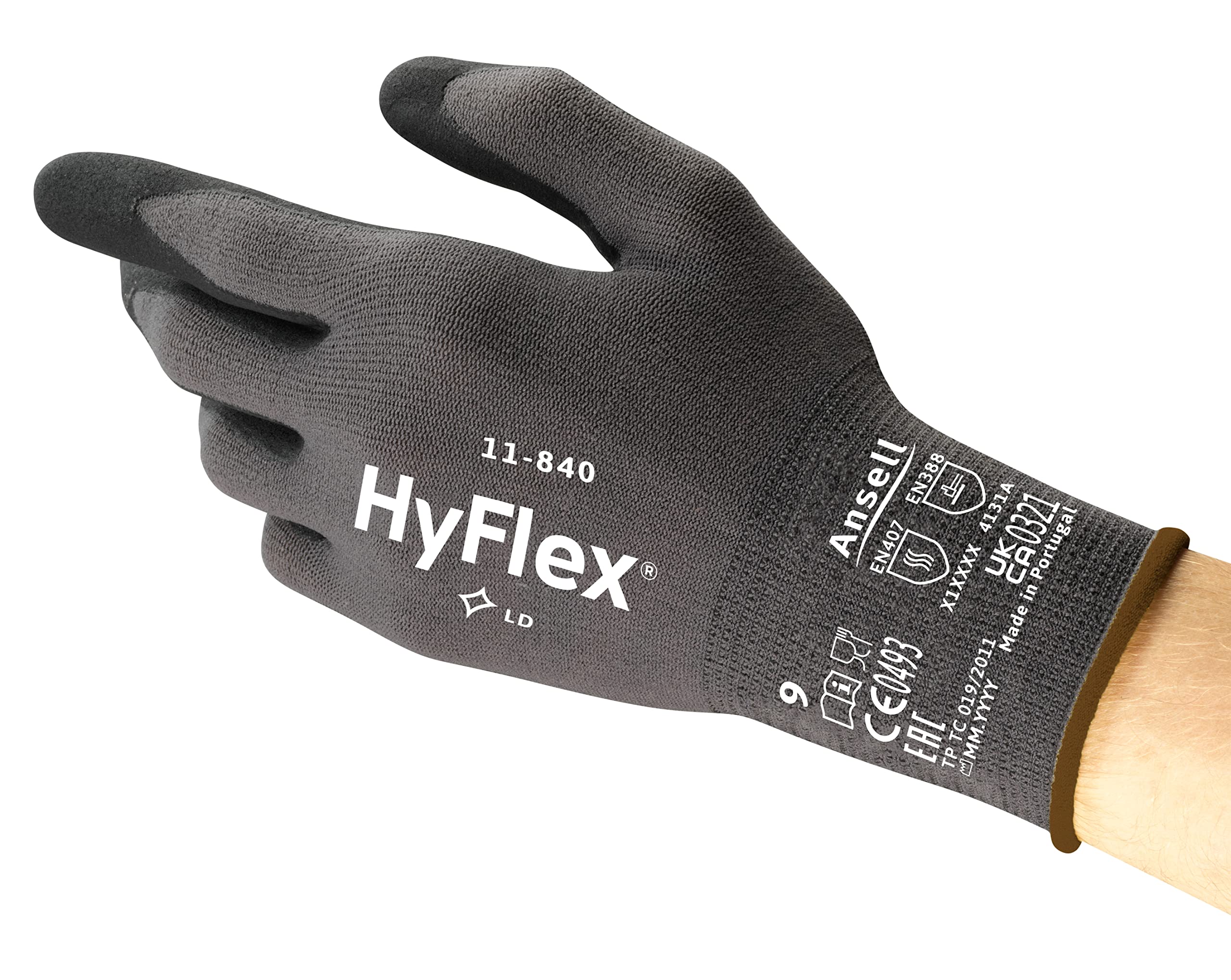 Ansell HyFlex 11-840 Professional Work Gloves, Abrasion Resistant Nitrile Coating with Firm Grip, Multipurpose Protection Gloves, Mechanical and Industrial Safety, Black, Size S (1 Pair)