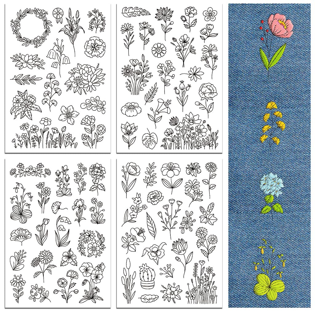 peacoblue Water Soluble Embroidery Patterns for Beginners 4 Sheets Wildflower with 77pcs Patterns, Wash Away Stick and Stitch Dissolvable Embroidery Paper for Hand Sewing Lovers Women Adult