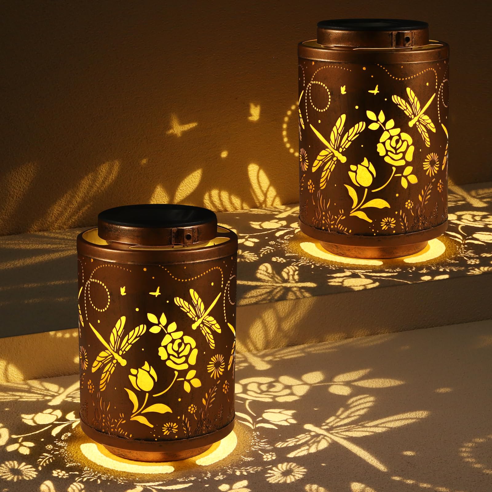 2 Pack Solar Lanterns Garden Decor Birthday Gifts for Women Mon Grandma Metal Hanging Solar Lights Waterproof Outdoor Decoration for Outside LED Lanterns for Yard (Dragonfly) Image