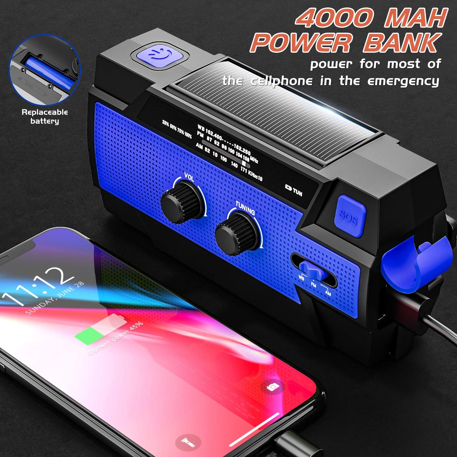 Emergency Radio Hand Crank Solar, 4000mAh Portable Weather Radio, NOAA Weather Radio, Outdoor Radio with Flashlight & Motion Sensor Reading Lamp, Solar Cell Phone Charger, SOS Alarm(Blue): Home Audio & Theater