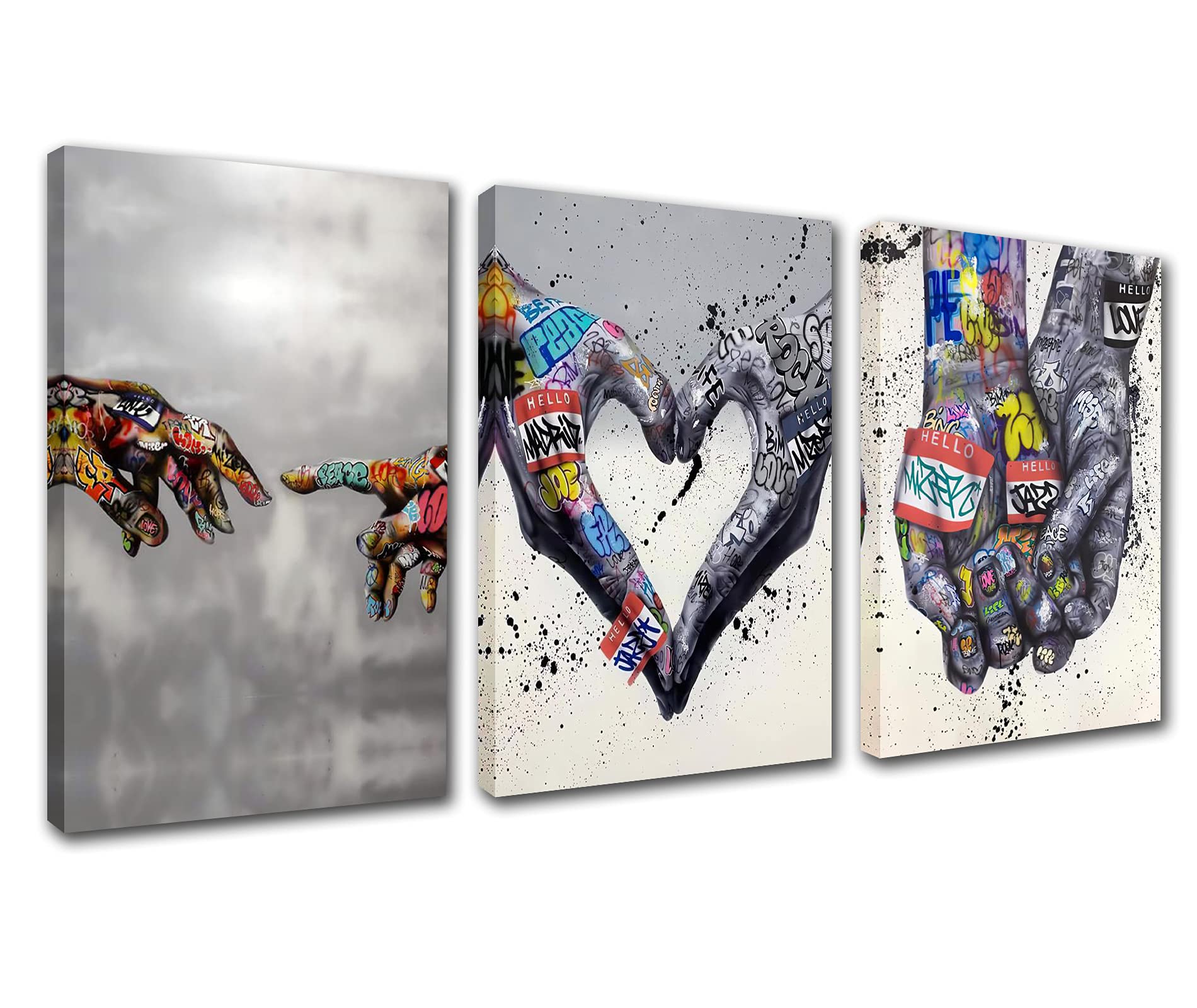 Banksy Street Art Decor Graffiti Hand Pictures Holding Hands Pop Paintings Aamd Hand of God Artwork 3 Panels Canvas Wall Art Man Cave Home Modern Decor Framed Ready to Hang(42''W x 20''H)