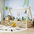 Mirightone Twin Floor Bed for Kids Tent-Shaped Montessori Floor Bed with Slats and Guardrails Twin Size Wood Teepee Bed Frame with Fence and Door for Boys Girls, Natural