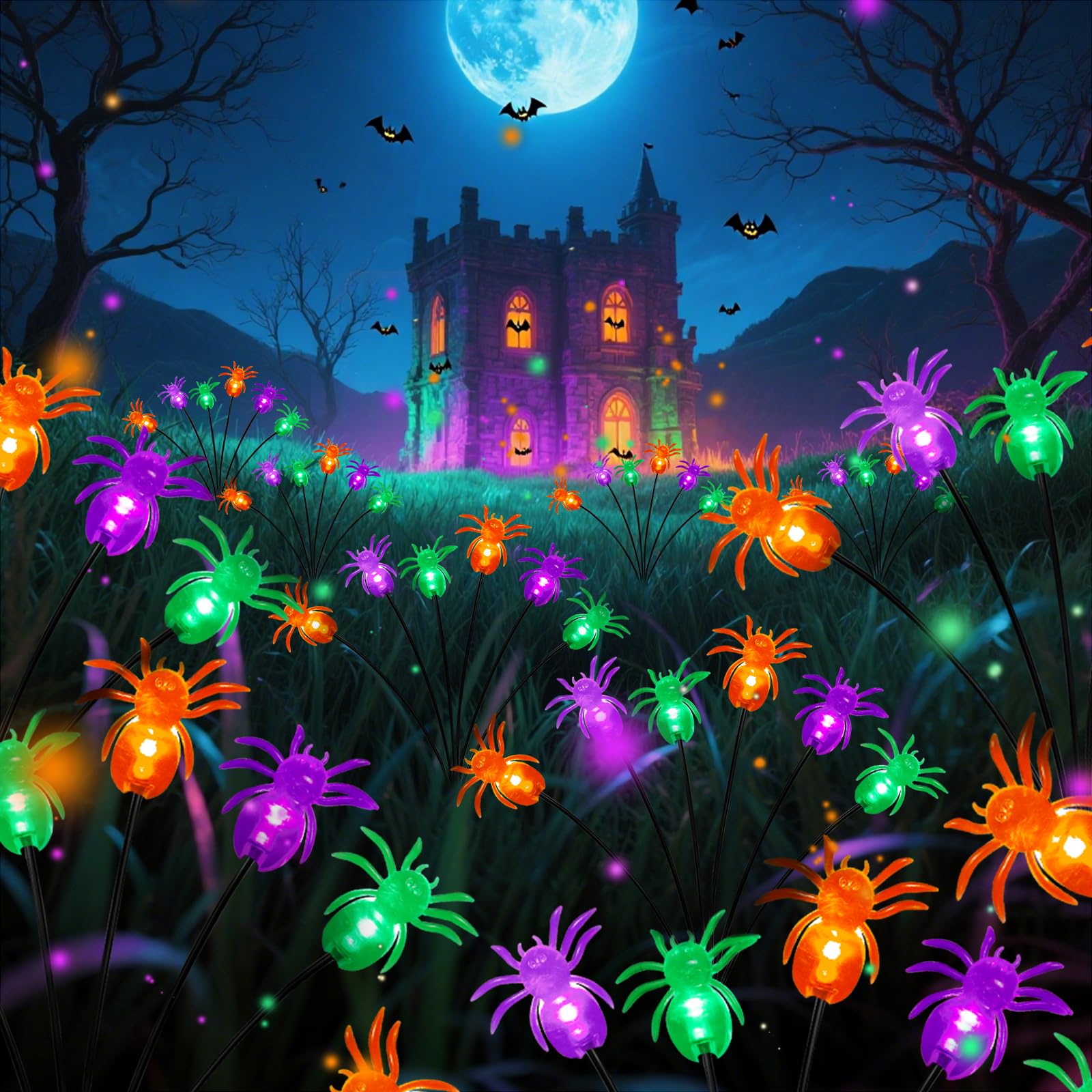Photo 1 of 4Pack 24LED Purple, Orange and Green Spider Solar Halloween Lights Outdoor, Solar Swaying Firefly Lights with Spider, Waterproof for Yard, Garden, Pathway, Halloween Decorations