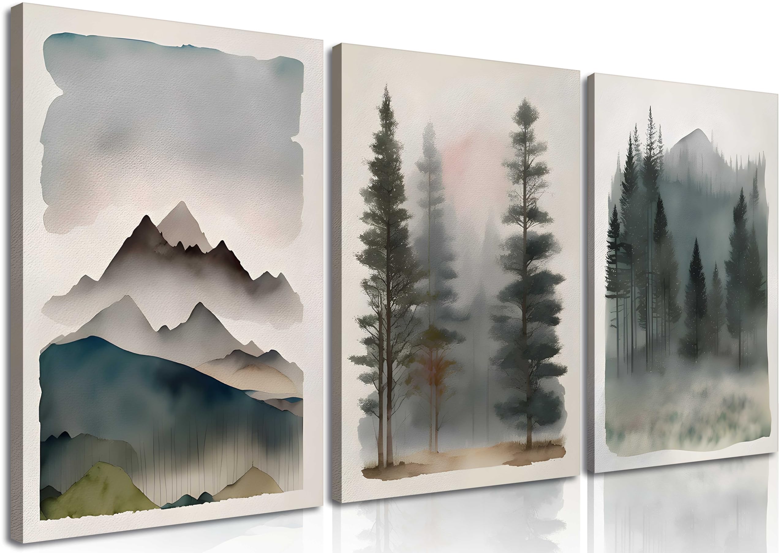 Photo 1 of 3Pcs Mountain Forest Wall Art Watercolor Landscape Canvas Posters Prints Natural Abstract Tree Forest Modern Wall Decor Pictures for Living Room Bedroom Decoration Framed