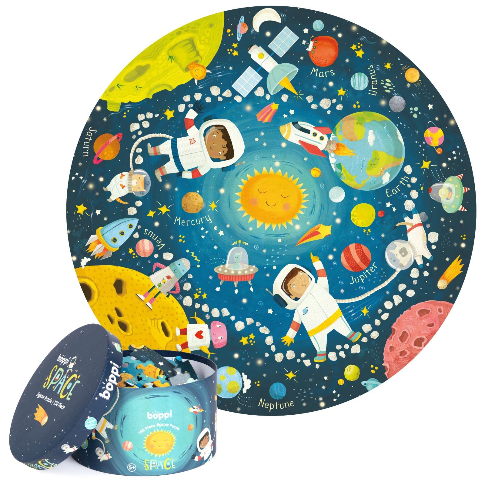 boppi Round 150 Piece Jigsaw for Kids Aged 5-8 | Educational Space Puzzle with Planets & Solar System | Eco-Friendly Recycled Cardboard