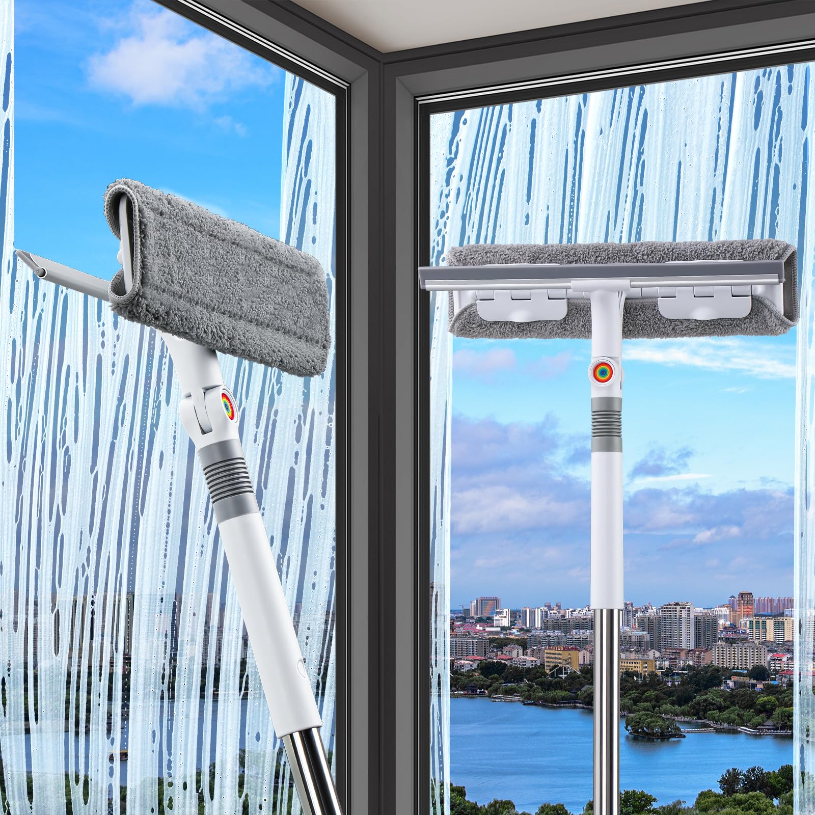 Photo 1 of funest 126‘’ Window Cleaning Squeegee Kit, 2-in-1 Window Cleaner Tool with Extension Pole, Rotatable Head for Indoor and Outdoor Glass Shower Glass Mirror Car RV Window Cleaning Kit