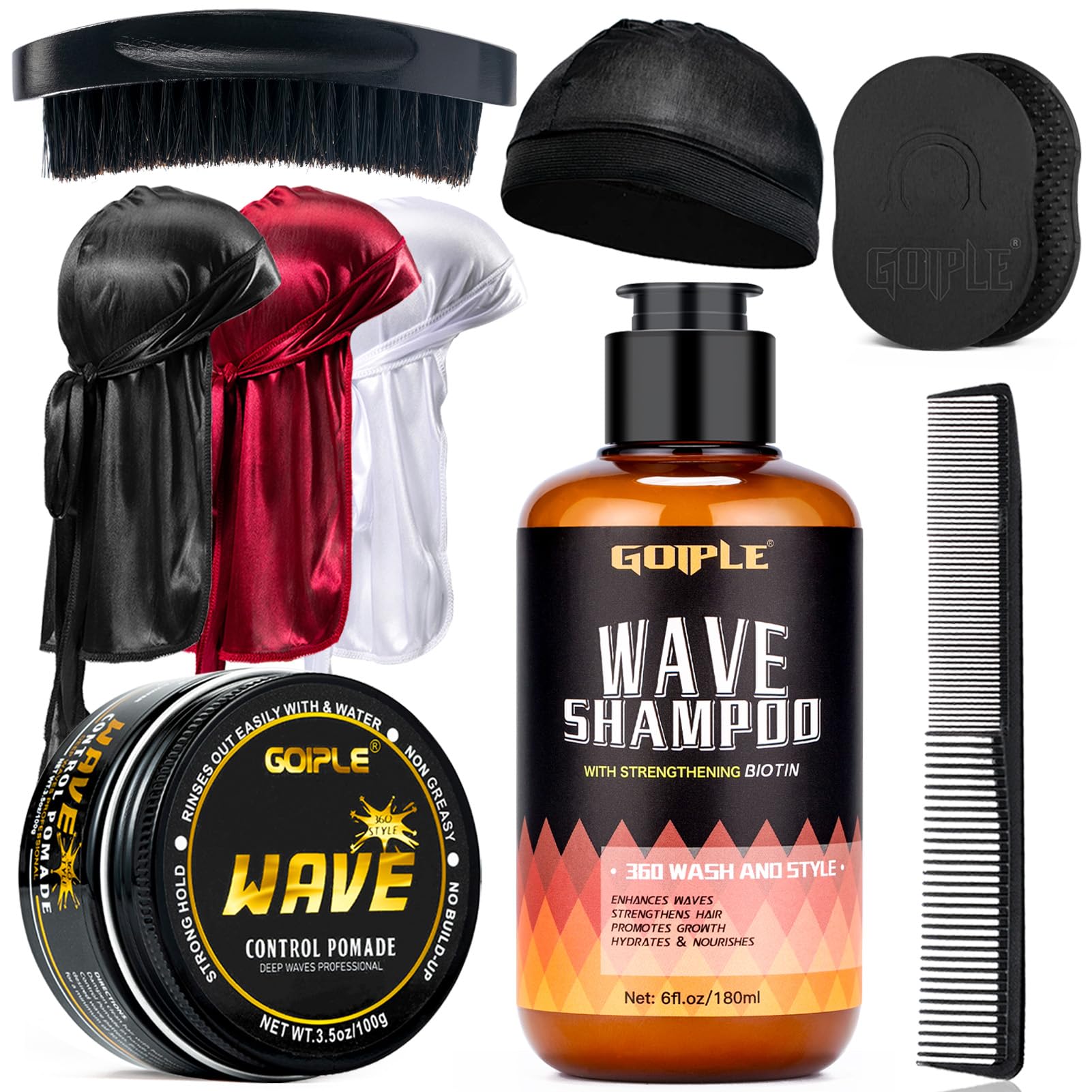 Wave Pomade for Men Strong Hold Easy Wash Hair Cream Grease,Wavy Hair Shampoo Hydration Shampoo Promotes Layered Waves, Moisture,Wave Brush,Silk Du-rag Cap Set