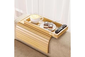 Bestjing Bamboo Sofa Armrest Tray Table for Couch - 2-in-1 Couch Arm Table with Be Slide Detachable Tray - Anti-Slip Foldable Sofa Armchair Caddy for Drinks Cup Cellphone TV Remote Snacks (Bamboo)