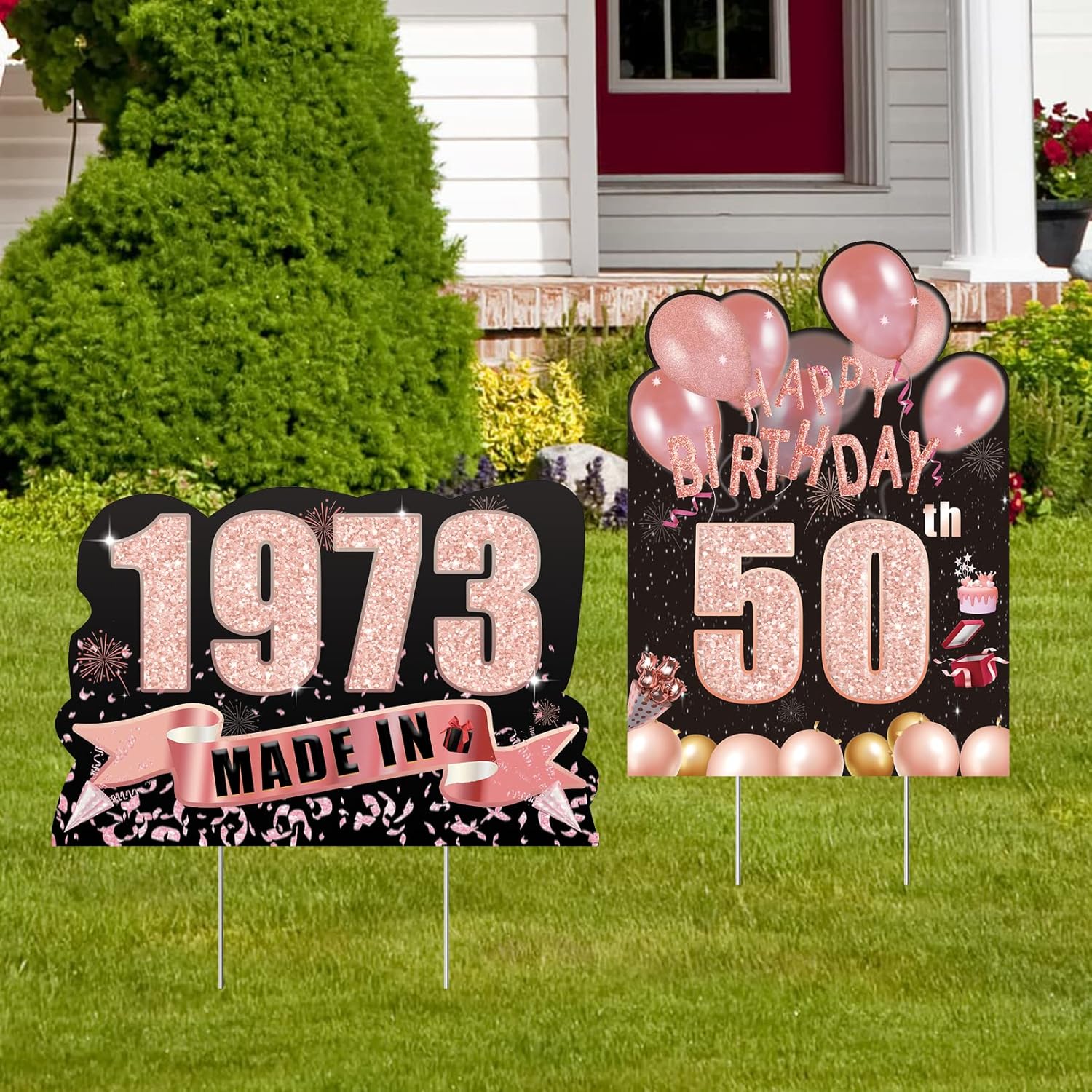 Yard Signs - 2pcs Rose Gold 50th Birthday Yard Sign Decorations For Women, Happy 50th Birthday Yard Lawn Signs Made In 1973 Birthday Yard Sign With Stakes Outdoor，Happy 50th Birthday Decorations For Her(Rose Gold - 50th)