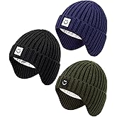 Alepo 3 Pack Baby Beanie Hats with Earflaps, 2 Size Baby Winter Hat for Toddler Kids, Fleece Lined Knit Hat for Girls Boys