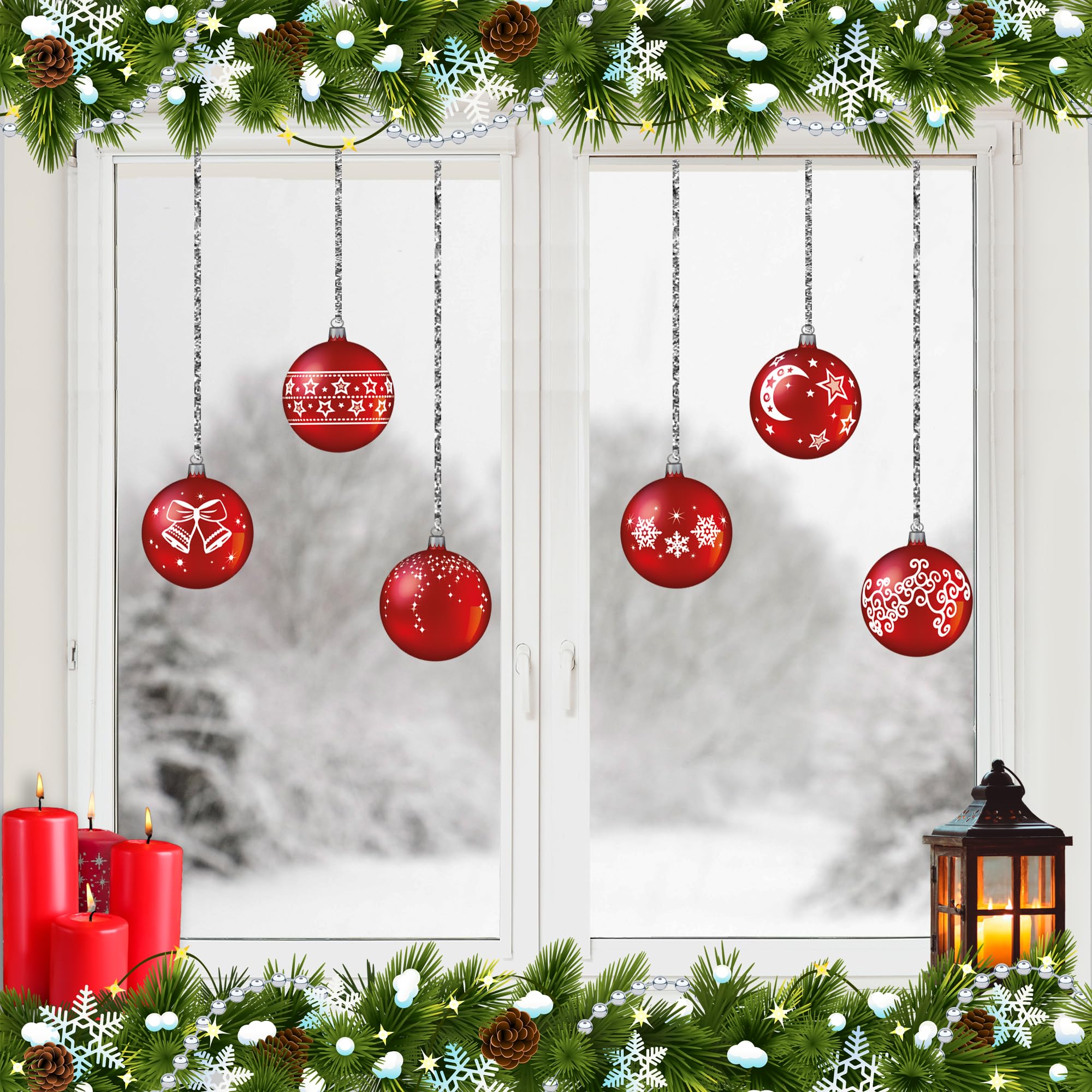 ArtiClings 12 x Bauble Window Clings with Glitter Patterns and Strings Colour = Red