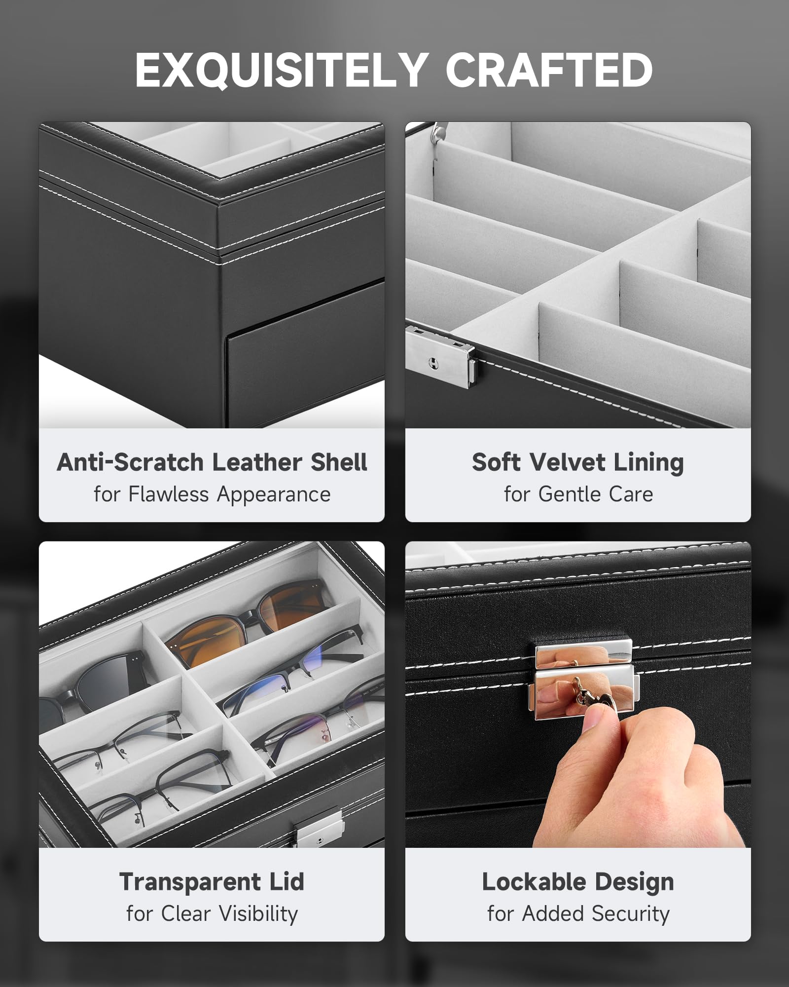 CO-Z 16 Compartment Sunglasses Organizer, Leather Eyeglasses Storage Box for Women Men, Lockable Eyewear Display Case with Drawer, Glasses Holder with 16 Slots for Watches Jewelry Collection, Black