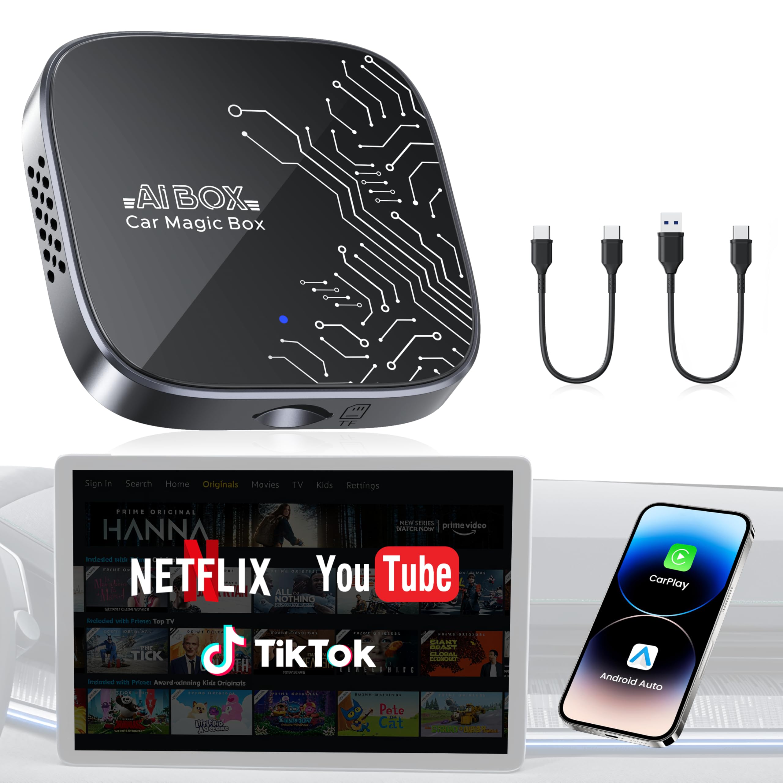 Photo 1 of 4-in-1 Wireless CarPlay Adapter for Streaming Netflix/YouTube/TikTok/TF Card, 2025 Magic Video AI Box & Android Auto Dongle [Dual Band WiFi, Bluetooth 5.3] Plug & Play, Fits for OEM Wired Car Play Car