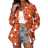 Halloween Shirts for Women: Pumpkin Skeleton T-Shirts Graphic Halloween Fall Long Sleeve Hawaiian Button Down Blouse