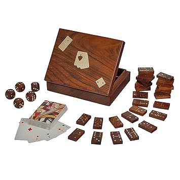 Fine Craft India 3 in 1 Wooden Game Set Domino Tiles and Dice Games with 1 Standard Decks