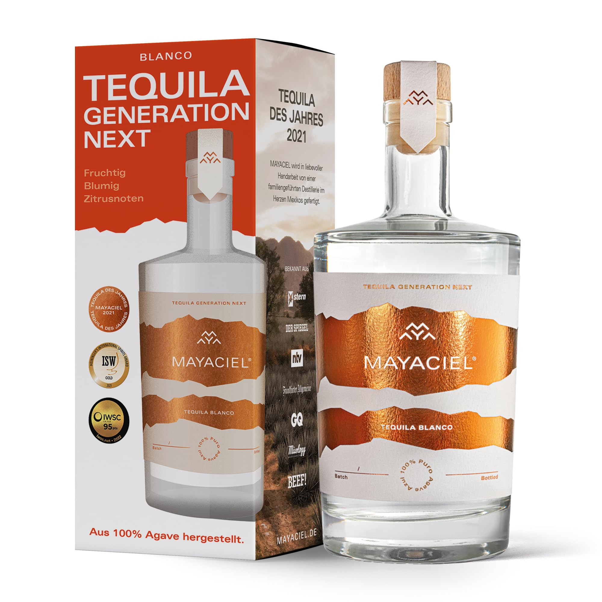 MAYACIEL Tequila Blanco – Preisgekrönter Premium Tequila | Tequila des Jahres 2021 | Frische Agave & feine Zitrusnoten | 100% Agave | Handgefertigt & limitiert | 0,5 l