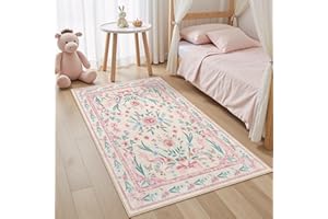 3x5 Pink Rug Bow Nursery Rug - Boho Floral Carpet for Bedroom, Non-Slip Low Pile Soft Throw Machine Washable Carpet for Girls