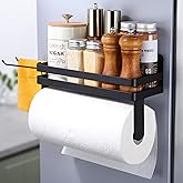 YIGII Magnet Paper Towel Holder for Refrigerator, 2-in-1 Black Spice Rack Organizer Strong Magnets, Kitchen Roll Holder with Storage Shelf and 2 Hooks, Heavy Duty