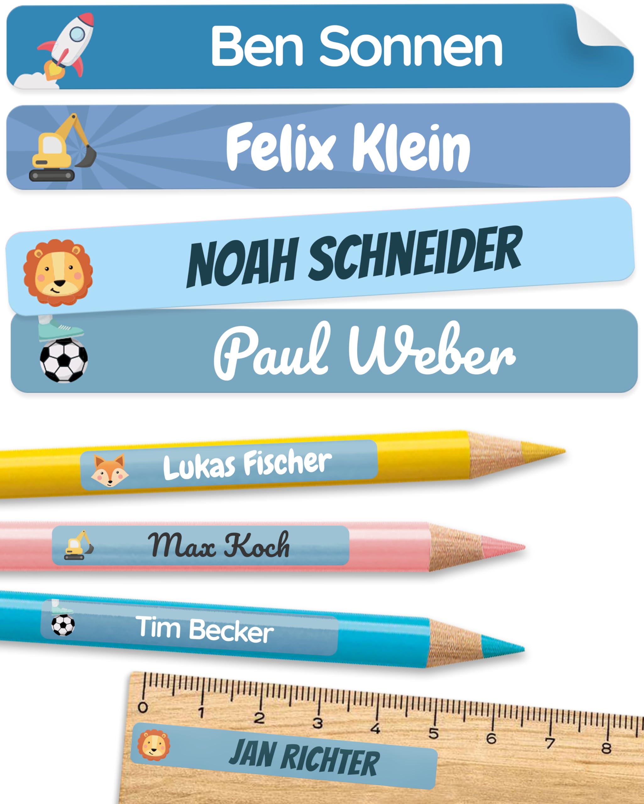 melu kids® Namensaufkleber Kinder für Schule & Kita (75 Stück) - Personalisierte Aufkleber mit Namen für Stifte und alle Schulsachen - Wasserfest in Spülmaschine (Himmelblau)