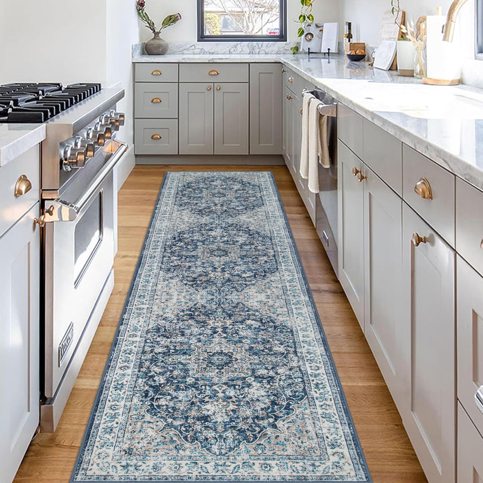 Photo 1 of Beeiva Vintage Hallway Runner Rug Non Slip, 2.5x8 Soft Washable Runner No Shedding, Lightweight Low Pile Rug for Hallway, Laundry Room, Bathroom - Blue