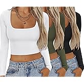 Ekouaer Womens 3 Pack Long Sleeve Crop Tops Square Neck Ribbed Slim Fitted Base Layer Basic Shirt Thermal Undershirts XS-XXL Black/White/Army Green XXL