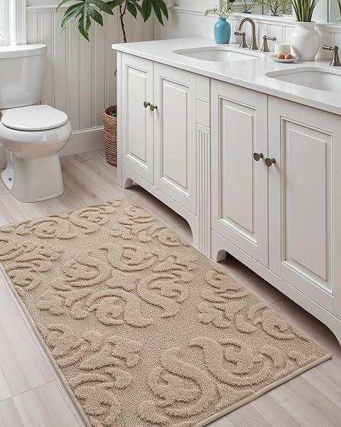 DEXI BATHROOM RUG 24X36, NON SLIP WASHABLE BATH MAT FOR SHOWER FLOOR, ABSORBENT SOFT BATHMAT WITH RUBBER BACKING, PLUSH FLUFFY MICROFIBER FLORAL RETRO CARPET, BEIGE