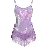 ODIZLI Sequin Fringe Bodysuit for Women Sparkly Hollow Out Tassel Romper Leotard Rave Latin Jazz Dance Acrobat Costume