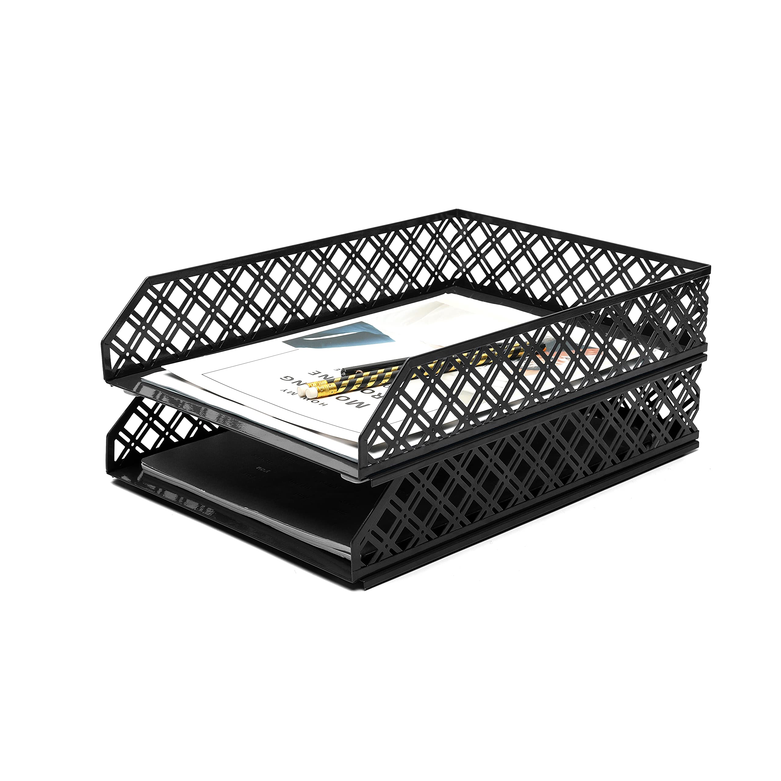Exerz Letter Trays 2pcs Stackable Paper Sorter/Desk Organiser/File Tray for Desk - Wire Mesh Metal File Rack - Black