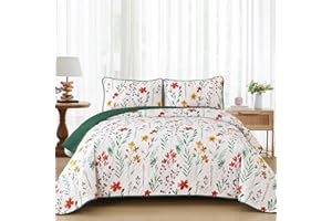 Anibedding Queen Size Quilt Set, White Yellow Floral Reversible Bedspread Coverlet Set, Soft Microfiber Lightweight Bed Cover for All Season (96" x 90", 1 Quilt+ 2 Pillowcases)