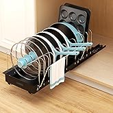 Golener Pots and Pans Organizer Under Cabinet - 22" Deep Expandable Pot Organizers inside Cabinet with 10 Adjustable Dividers &Handrail, No Drill Pot Lid Holder, Sliding Pot Lid Holder, 1 Pack