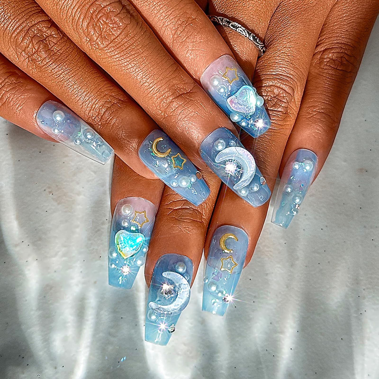 Sethexy Blue Rhinestone Handmade Fake Nail 3D Crystal Long Coffin False Nails Pearl Gradient Press on Nail Salon Durable Nails Metallic for Women and Girls (4)