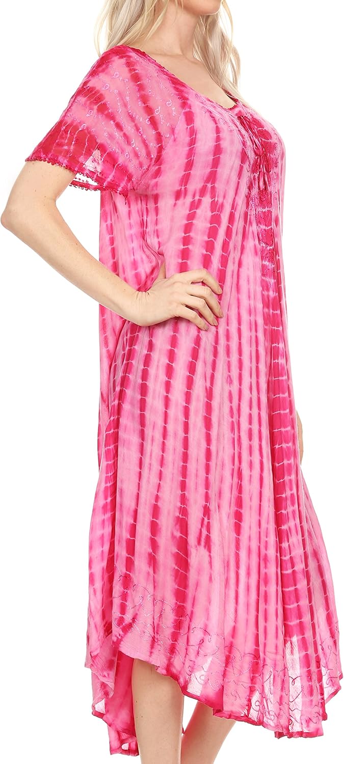 Sakkas 17601 - Yasmin Tie Dye Embroidered Sheer Cap Sleeve Sundress, Fucshia - Image 4