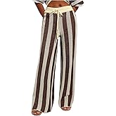 Verdusa Women's Striped Knit Baggy Pants Boho Beach Vacation Wide Straight Leg Long Trousers