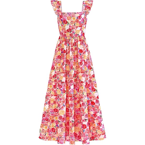 CXMNJ Women's Bohemian Summer Floral Printed Ruffle Pleated