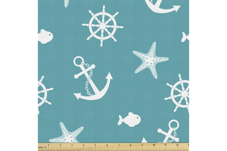 Lunarable Nautical Fabric by The Yard, Ocean Creatures Silhouettes Fish Starfish Helm on Vivid Background Sailing Theme, Decorative Fabric for Upholstery and Home Accents, 3 Yards, White Teal