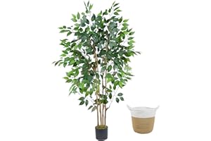 Warmplants Artificial Ficus Tree, 5ft Tall Silk Fake Ficus Leaves Plant with Basket, Indoor Outdoor Faux Greenery Tree for Home Garden Office House Livingroom Décor