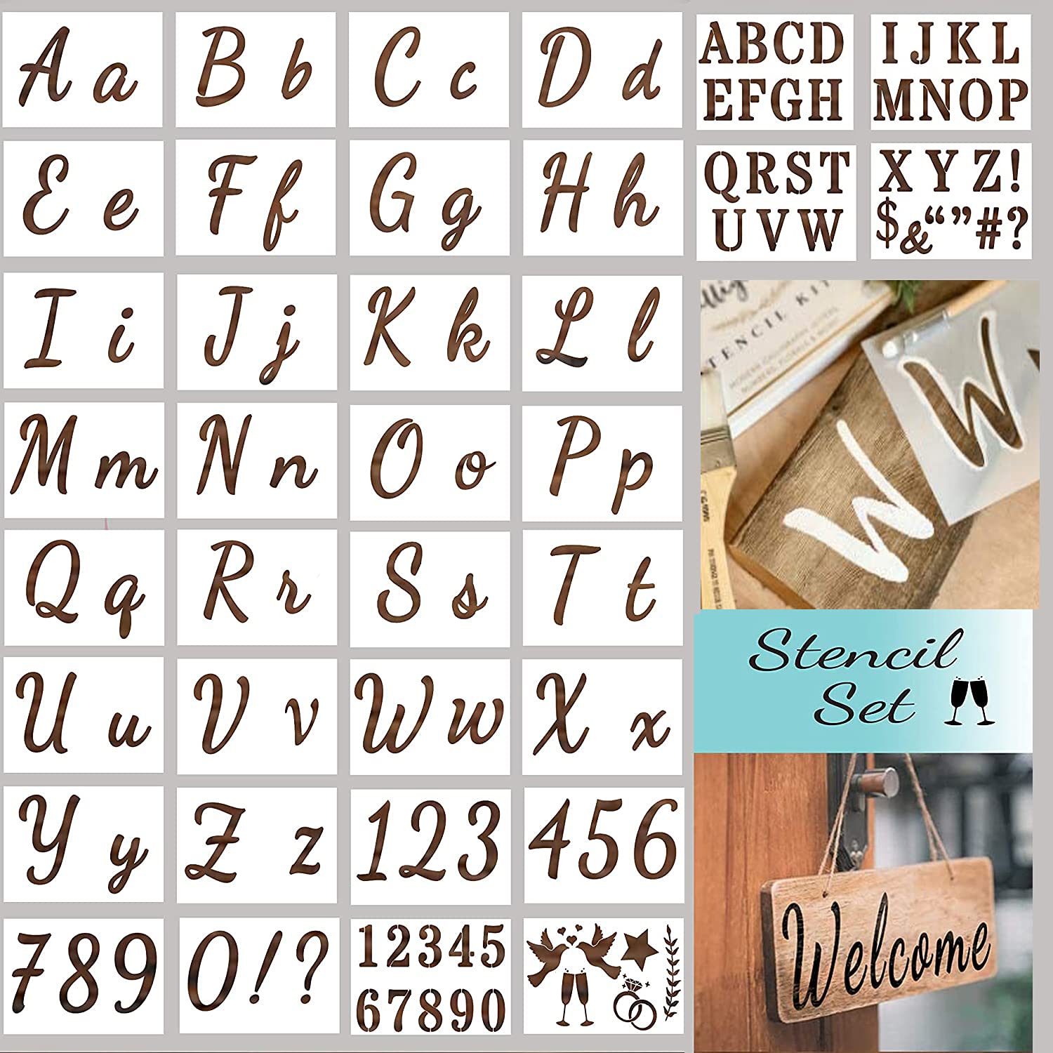 Letter Stencils for Painting on Wood - Alphabet Stencils with Reusable Calligraphy Font Upper and Lowercase Letters for Kid Painting, for Wood, Wall, Fabric, Signage, or More.