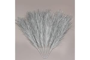 ZIFTY Pampas Grass Silver Decor 6-Pcs 17" Faux Pompas Fluffy Artificial Pompous Grass Fake Flower Bulrush Reed Grass for Vase Filler Ins Style Modern Home Christmas Wedding Decor (Silver)