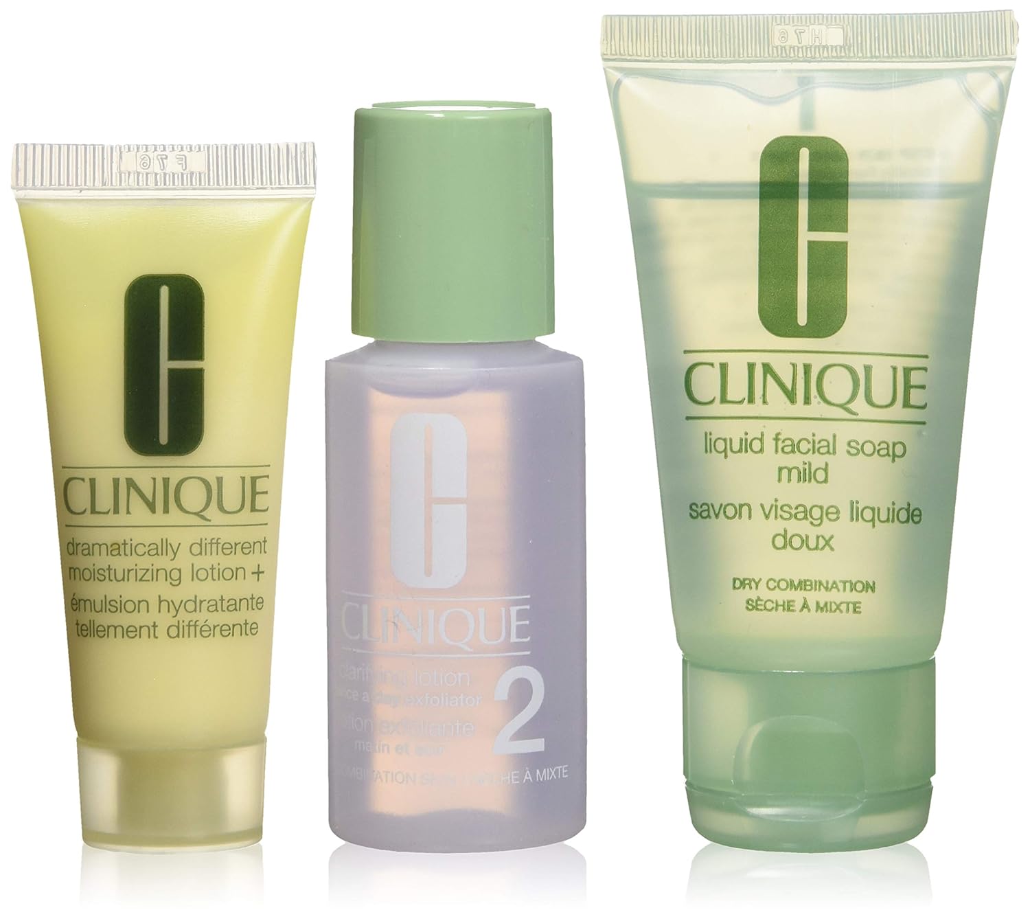 Clinique 3 Steps Travel Size Set for Very Dry to Dry Combination Skin, Liquid Facial Soap Mild (1 oz) + Clarifying Lotion 2 (1 oz) + Dramatically Different Moisturizing Lotion+ (0.5 oz)