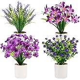 unlemoni 4 Packs Artificial Pot Flowers, Mini Purple Fake Potted Flowers Small Faux Plants Indoor for Home Office Bathroom Farmhouse Tabletop Spring Decor
