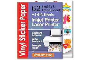AGODEO Translucent Semi-Clear Sticker Paper for Inkjet Printer & Laser Printer 62 Sheets - Self-Adhesive Water-Proof, Dries Quickly Vivid Colors, 8 ½ X 11 Inches Holds Ink Well - Tear Resistant