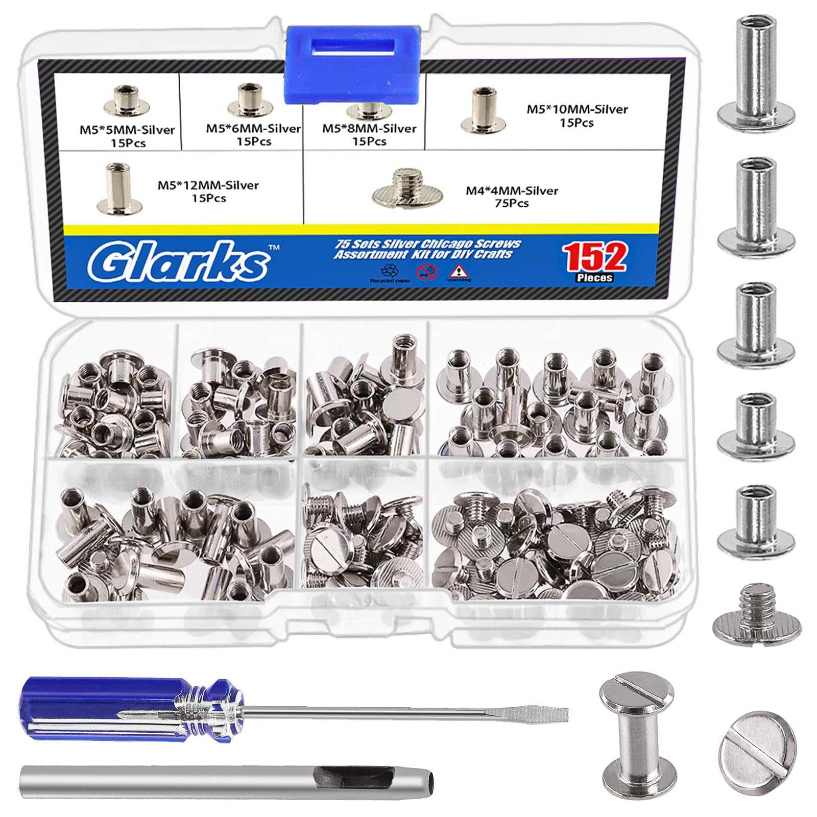 Glarks 150 Sets Silver Chicago Screws Assorted Kit, M5 x 5mm, 6mm, 8mm, 10mm, 12mm Chicago Rivets and 4x4mm Flat Head Stud Screw, Nail Rivet Chicago Button Screw Posts Metal Accessories